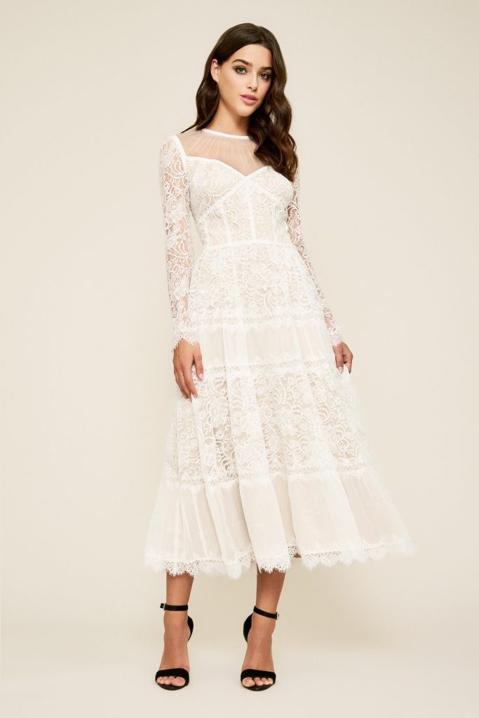 TATIANA LONG-SLEEVE TEA-LENGTH LACE DRESS
